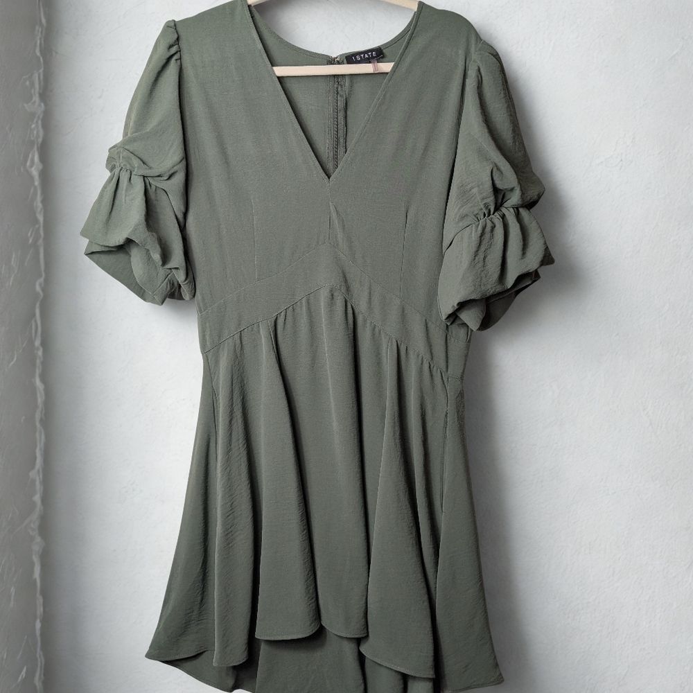 1. State Olive V-Neck Puff Short Sleeve Fit &Flare Dress L - Picture 2 of 12